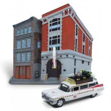 JOHNNY LIGHTNING - Ghostbusters Diecast Model 1/64 1959 Cadillac Ecto-1 & Firehouse Diorama Set JOHNNY LIGHTNING - Ghostbusters Diecast Model 1/64 1959 Cadillac Ecto-1 & Firehouse Diorama Set